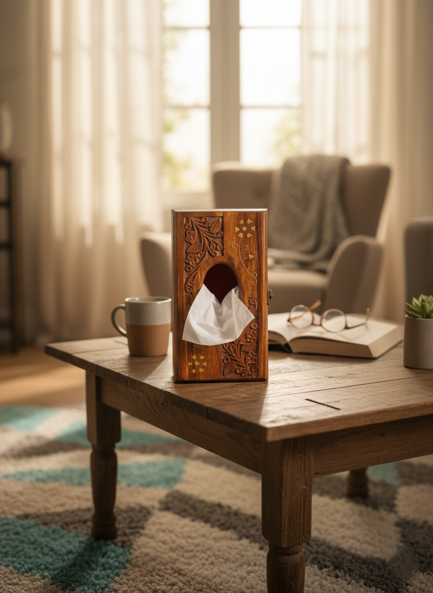 Hand Made Wooden Tissue Box Curved with Brass
